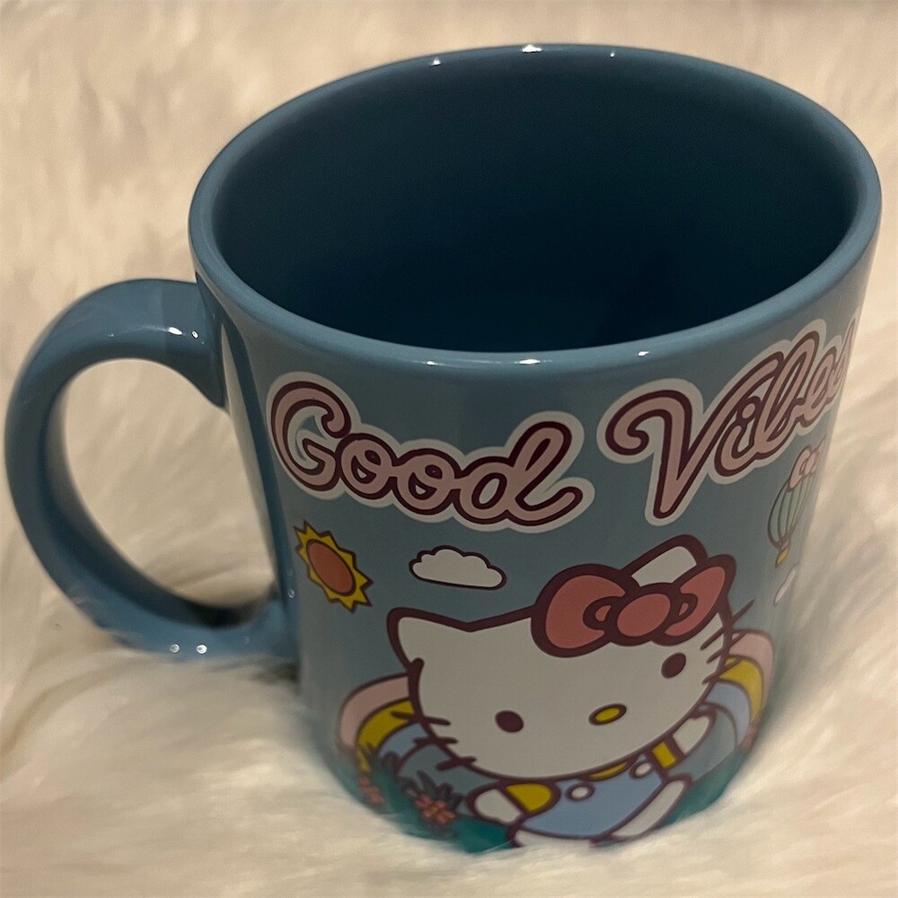🆕 Hello Kitty Good Vibes Rainbow Coffee Mug Blue Double Sided Cup